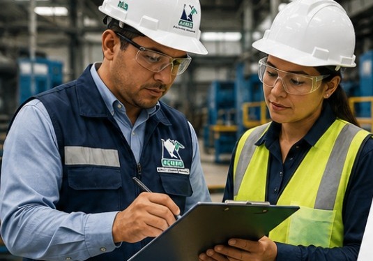 Especialistas en seguridad industrial revisando condiciones de trabajo en una planta